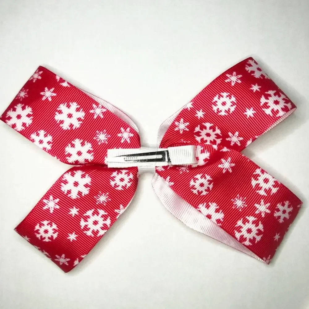 Girls Red & White Snowflake Small Hair Bow
